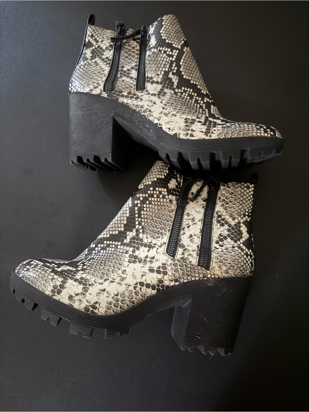 Snake-Print Chunky Heel Ankle Boots - Black & White